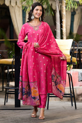 Fuchsia Pink Color Printed & Neck Embroidered Muslin Suit