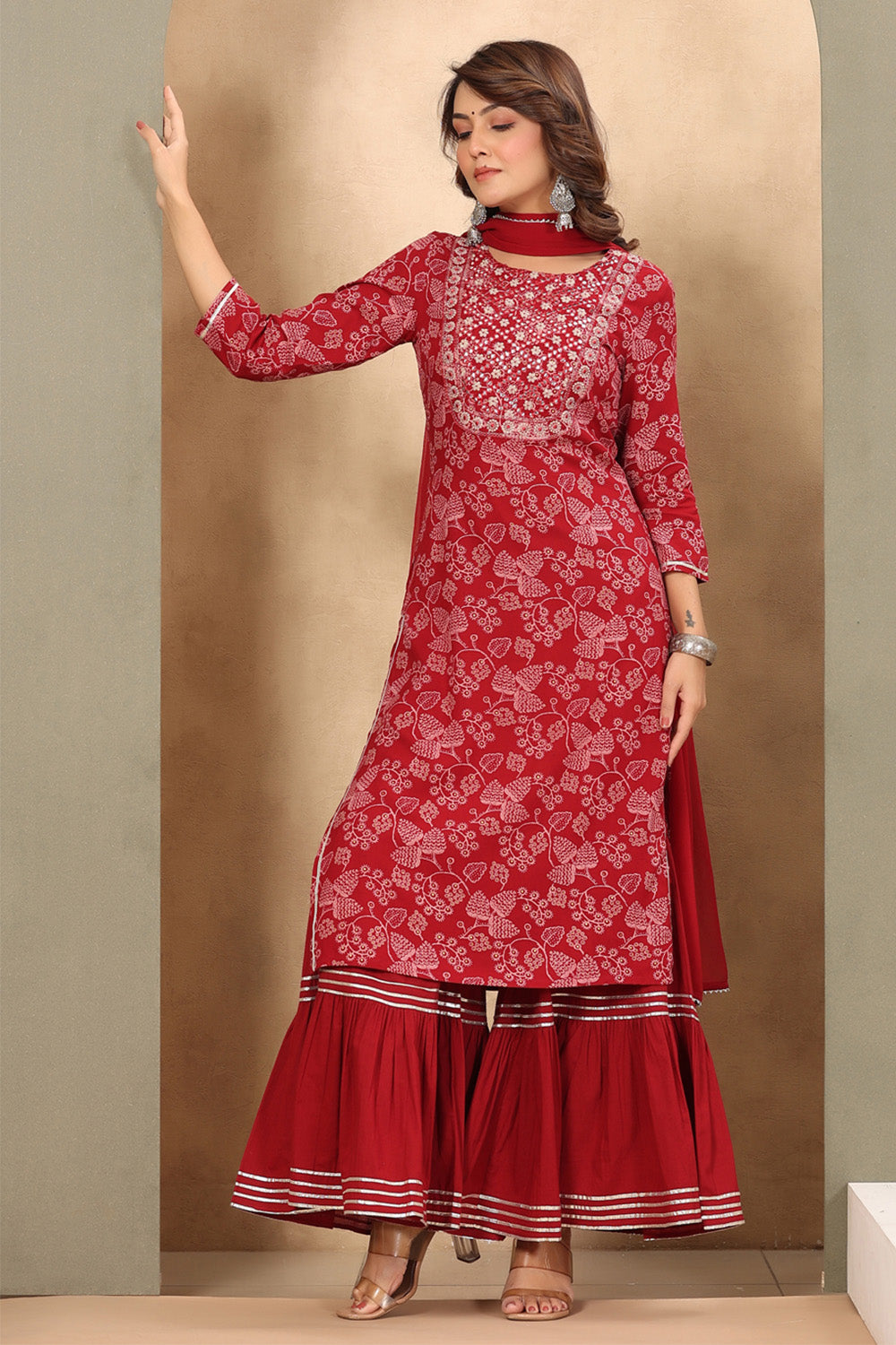 Maroon Color Cotton Printed Suit With Gharara