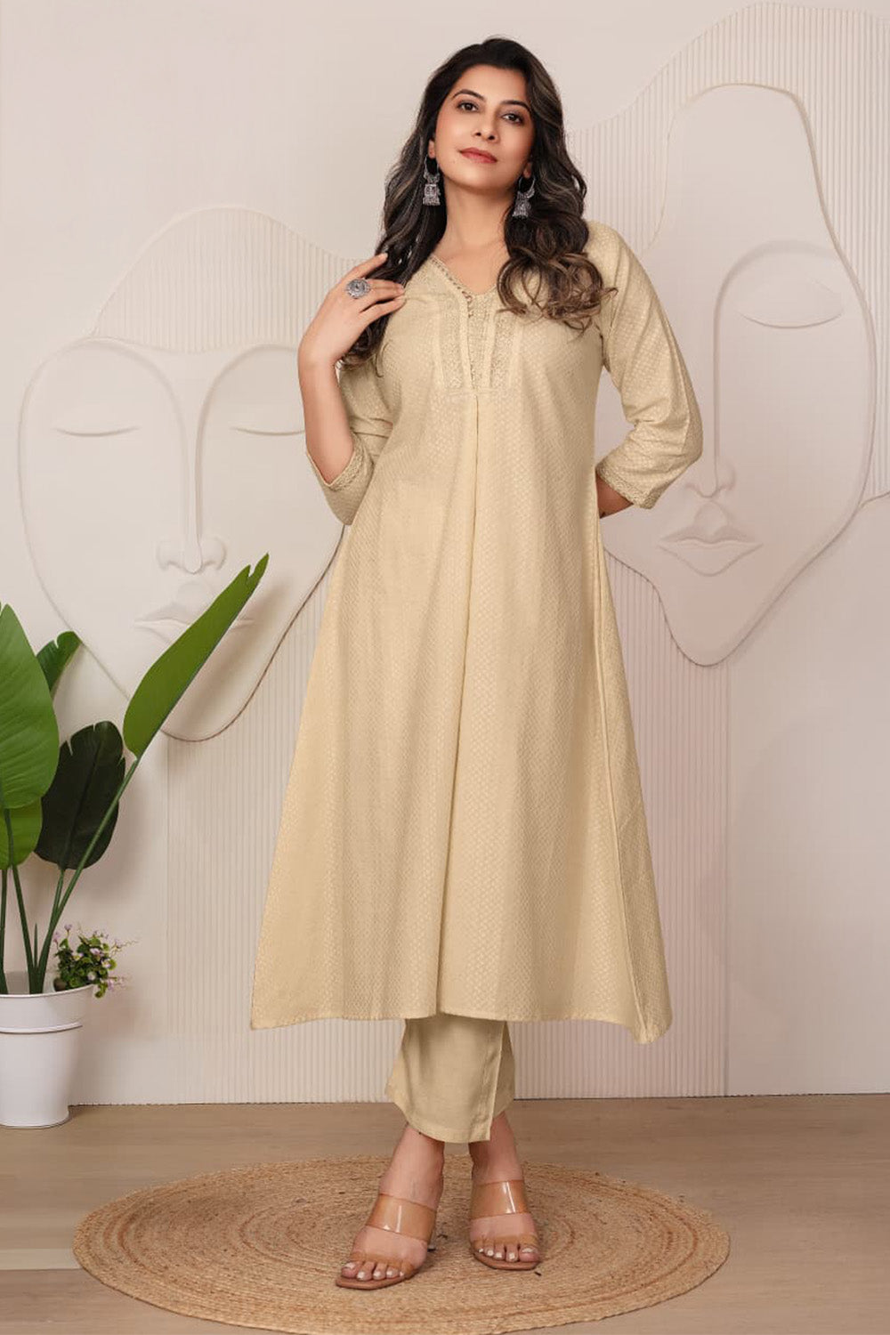 Beige Cotton Resham Embroidered Kurta Set