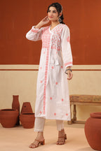 White & Light Pink Cotton Resham Embroidered Angrakha Style Kurta