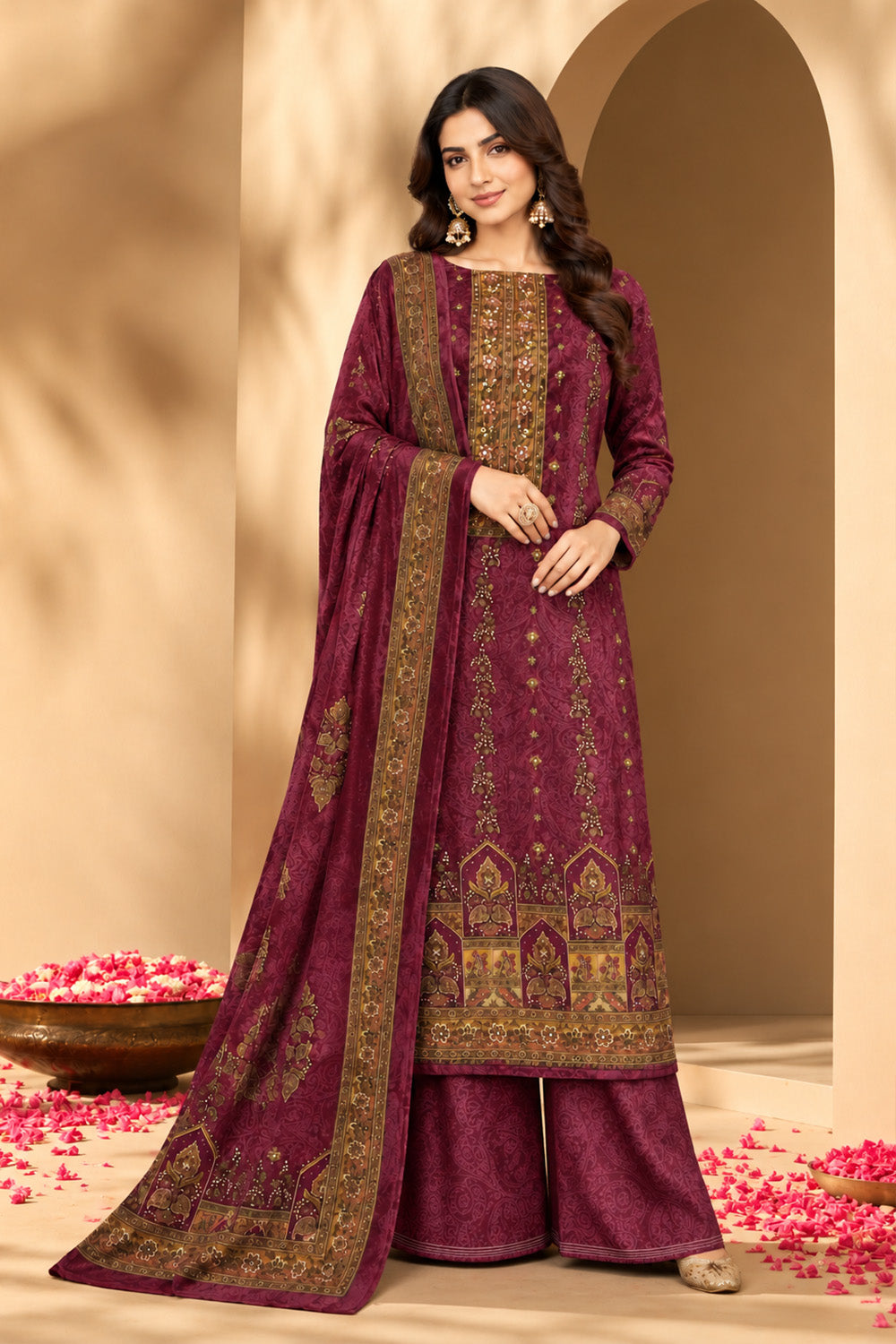 Wine Velvet Digital Printed Unstitched Suit Fabric