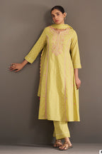 Olive Green Cotton Printed And Embroidered Suit