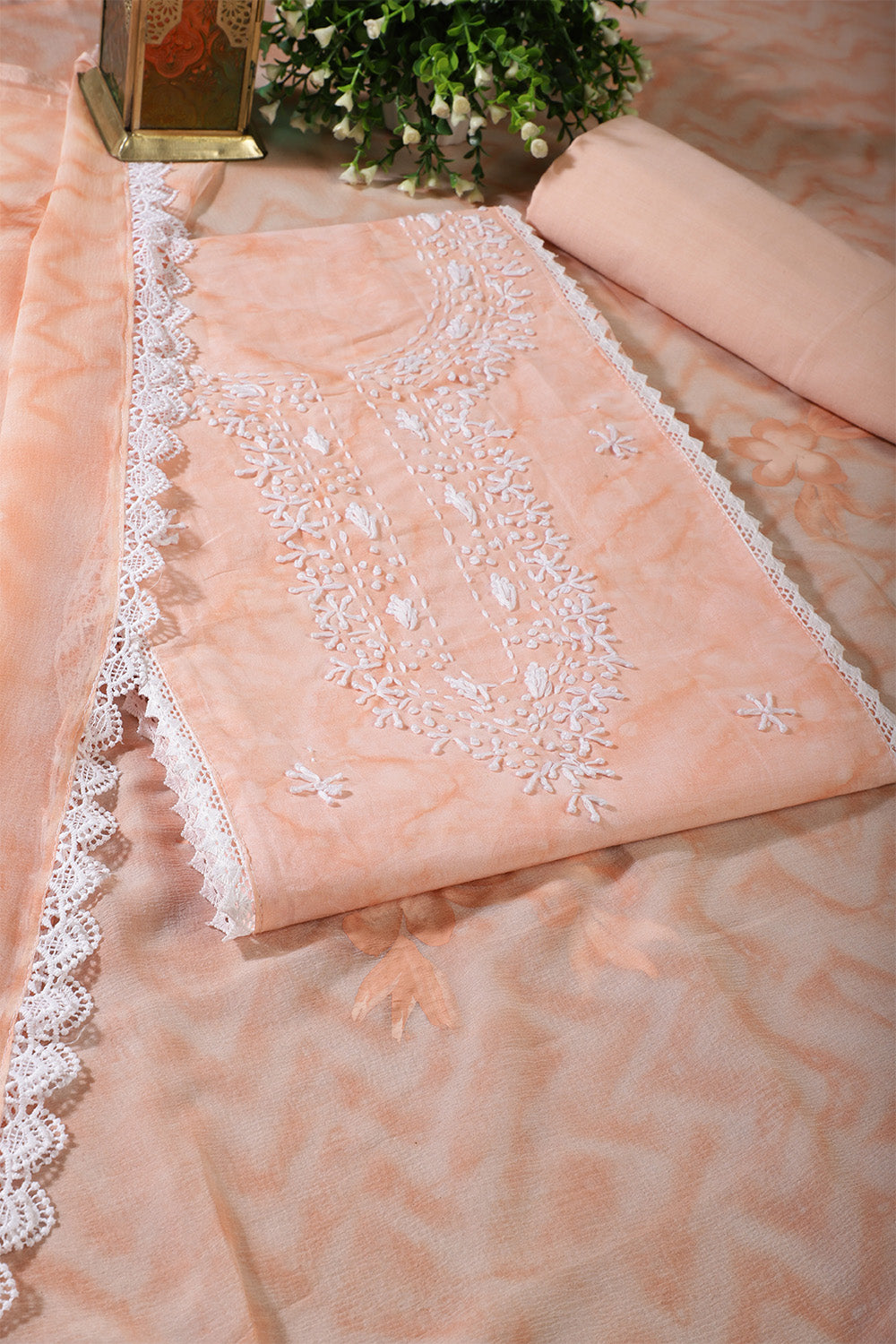 Light Peach Color Cotton Resham Embroidered And Lace Work Unstitched Suit