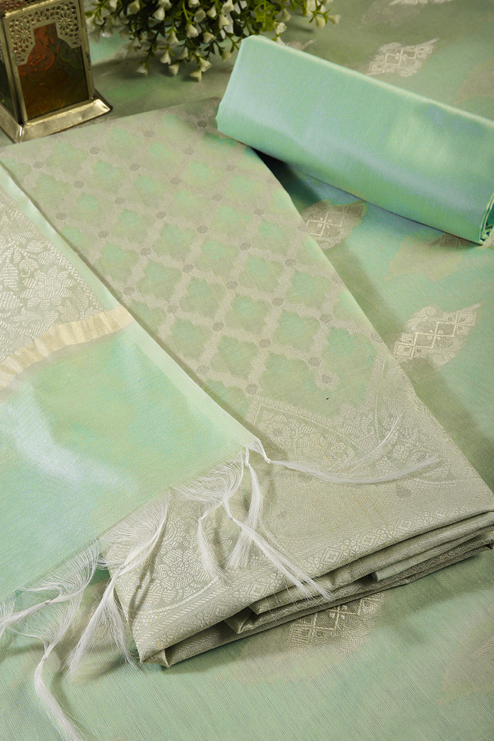 Sea Green Color Chanderi Cotton Woven Unstitched Suit Fabric
