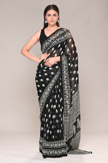 Black Color Printed Georgette Saree