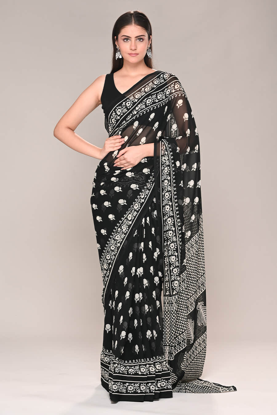 Black Color Printed Georgette Saree
