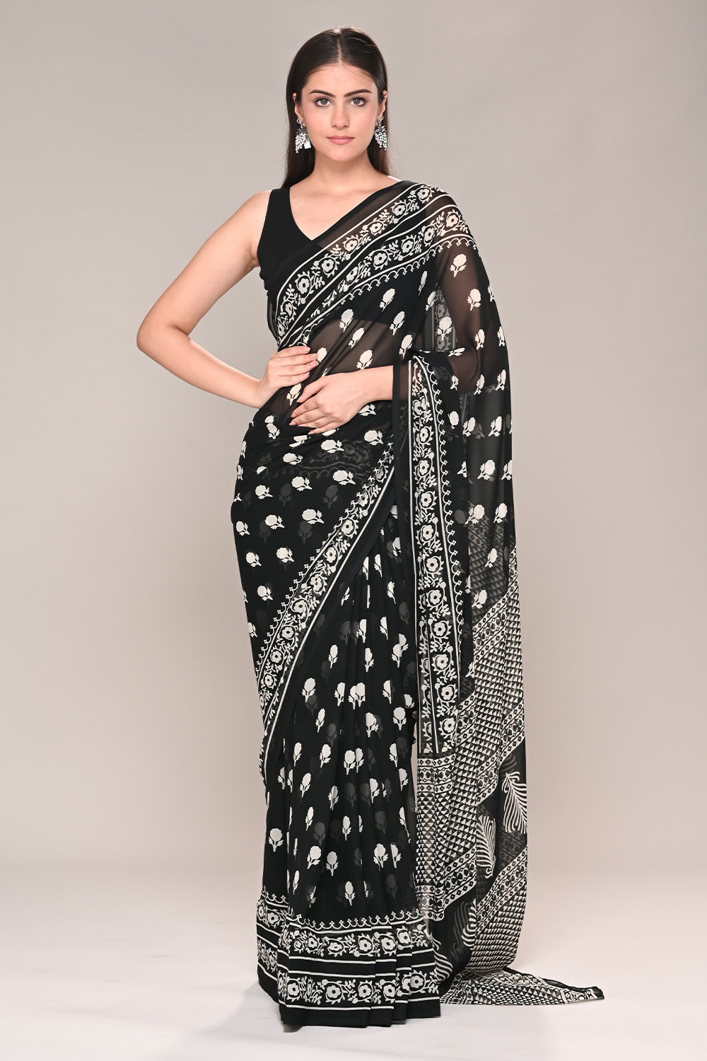Black Color Printed Georgette Saree