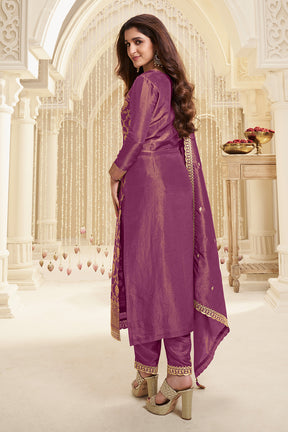 Magenta Zari Floral Woven Silk Suit Set