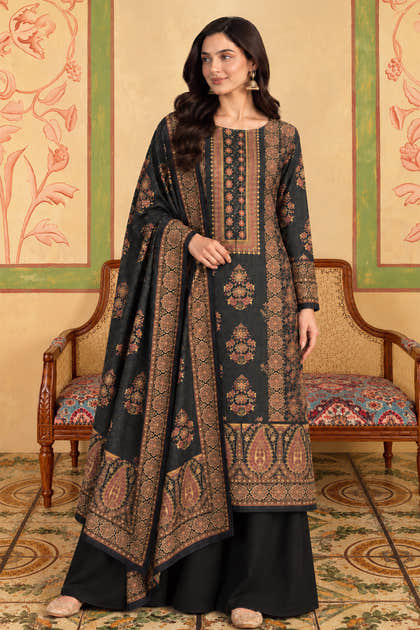 Bottle Green Velvet Printed Unstitched Suit Material