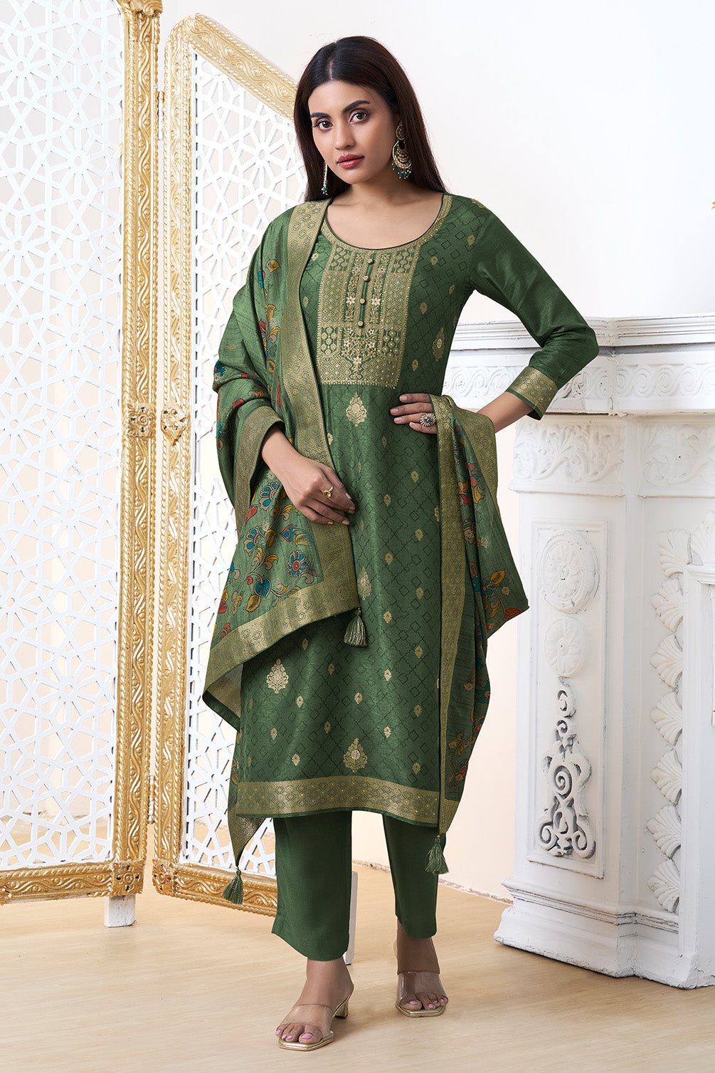 Green Silk Zari Woven Suit Set