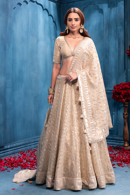 Cream Metallic Tissue Embroidered Lehanga