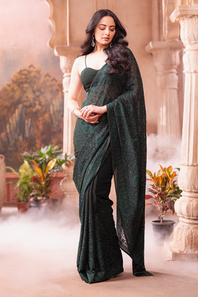 Green Georgette Resham And Swaroski Embroidered Saree