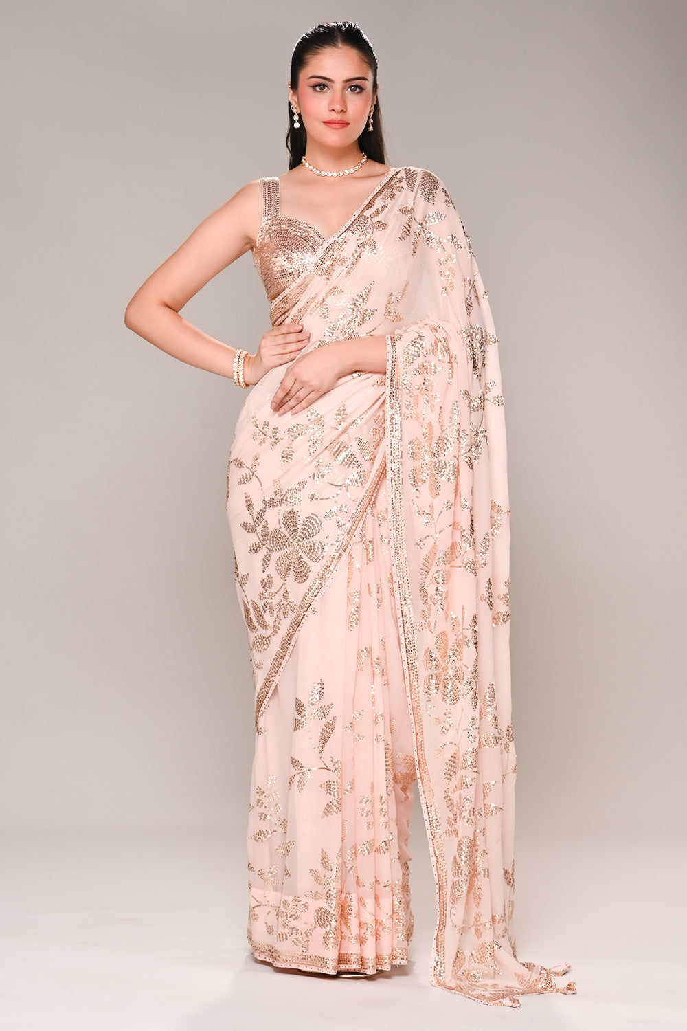 Baby Pink Color Georgette Sequins Embroidered Saree