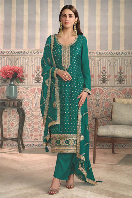 Teal Color Silk Embroidered Unstitched Suit Fabric
