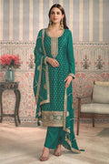 Teal Color Silk Embroidered Unstitched Suit Fabric
