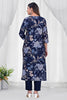 Navy Color Printed & Neck Embroidered Muslin Suit