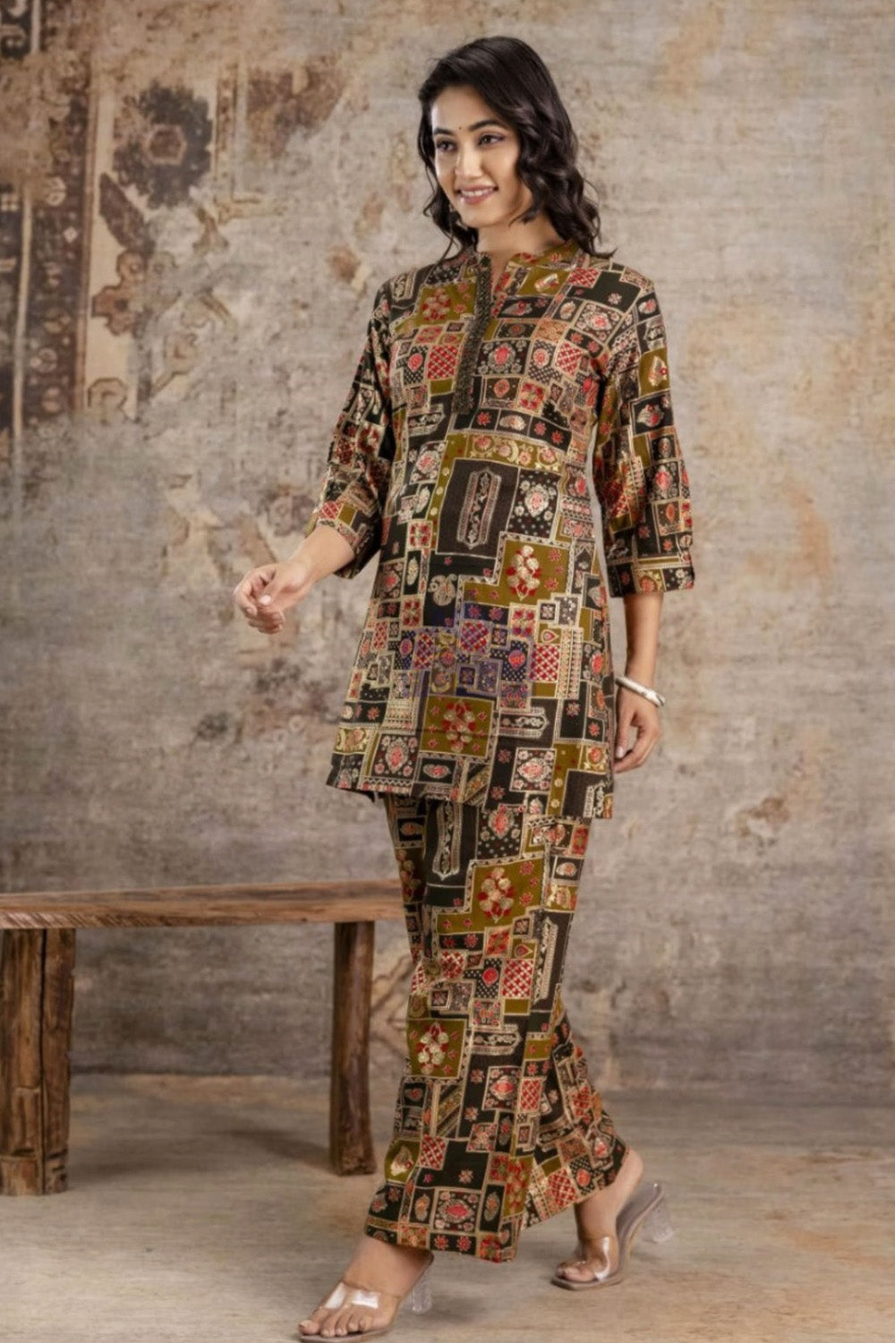 Olive Green Printed Rayon Co-Ord Set
