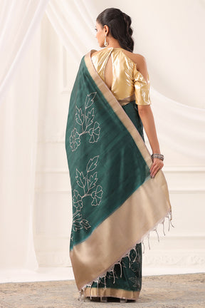 Bottle Green Tussar Silk Floral Printed and Zari Woven Saree