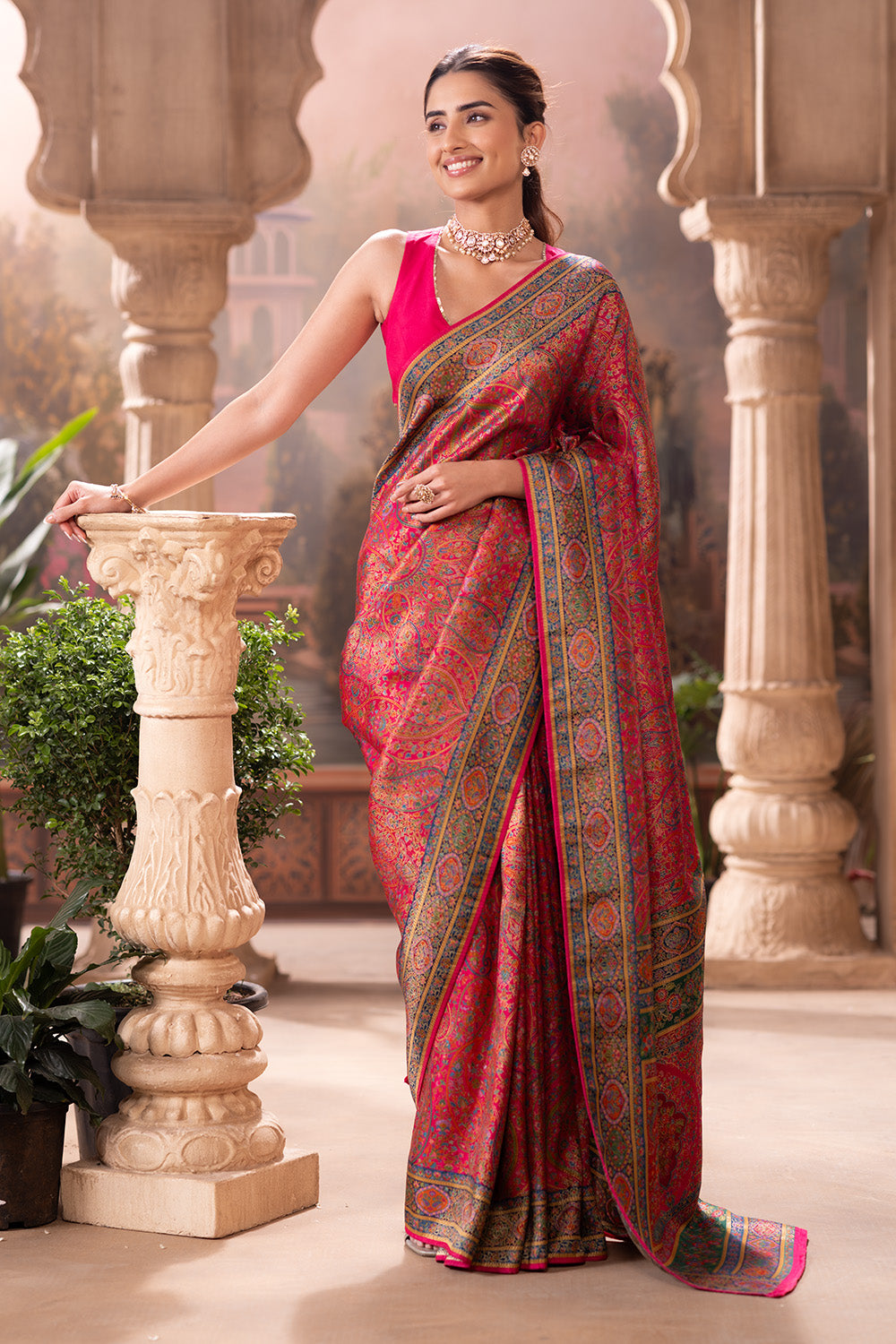 Cherry Red Position Print Woven Silk Saree