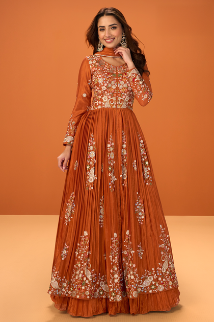 Rust Crepe Silk Embroidered Anarkali Suit With Skirt