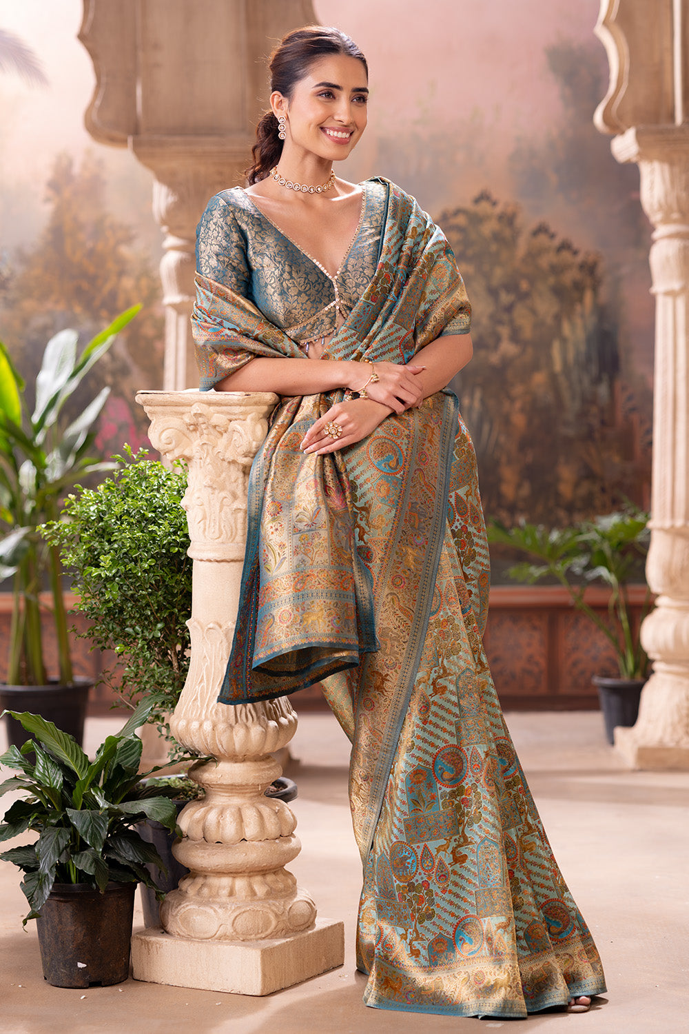 Turquoise Position Print Woven Silk Saree