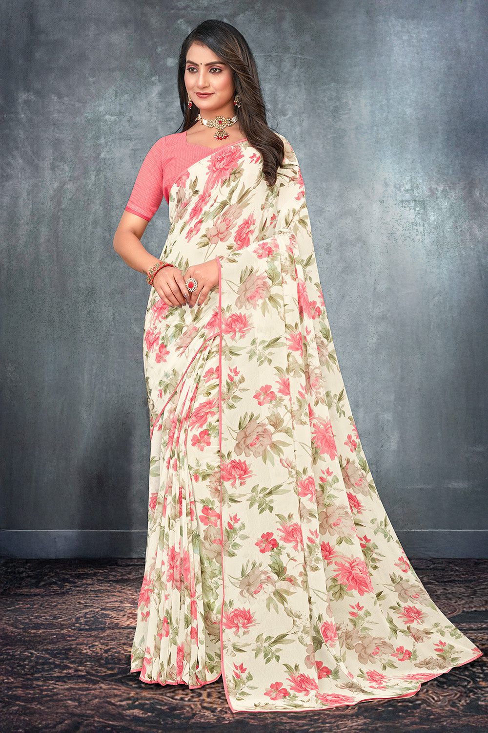 Cream Color Floral Printed Georgette Saree