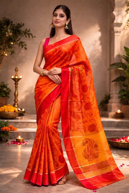 Orange Chanderi Cotton Printes Saree