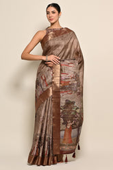 Brown Color Digital Printed Tussar Saree