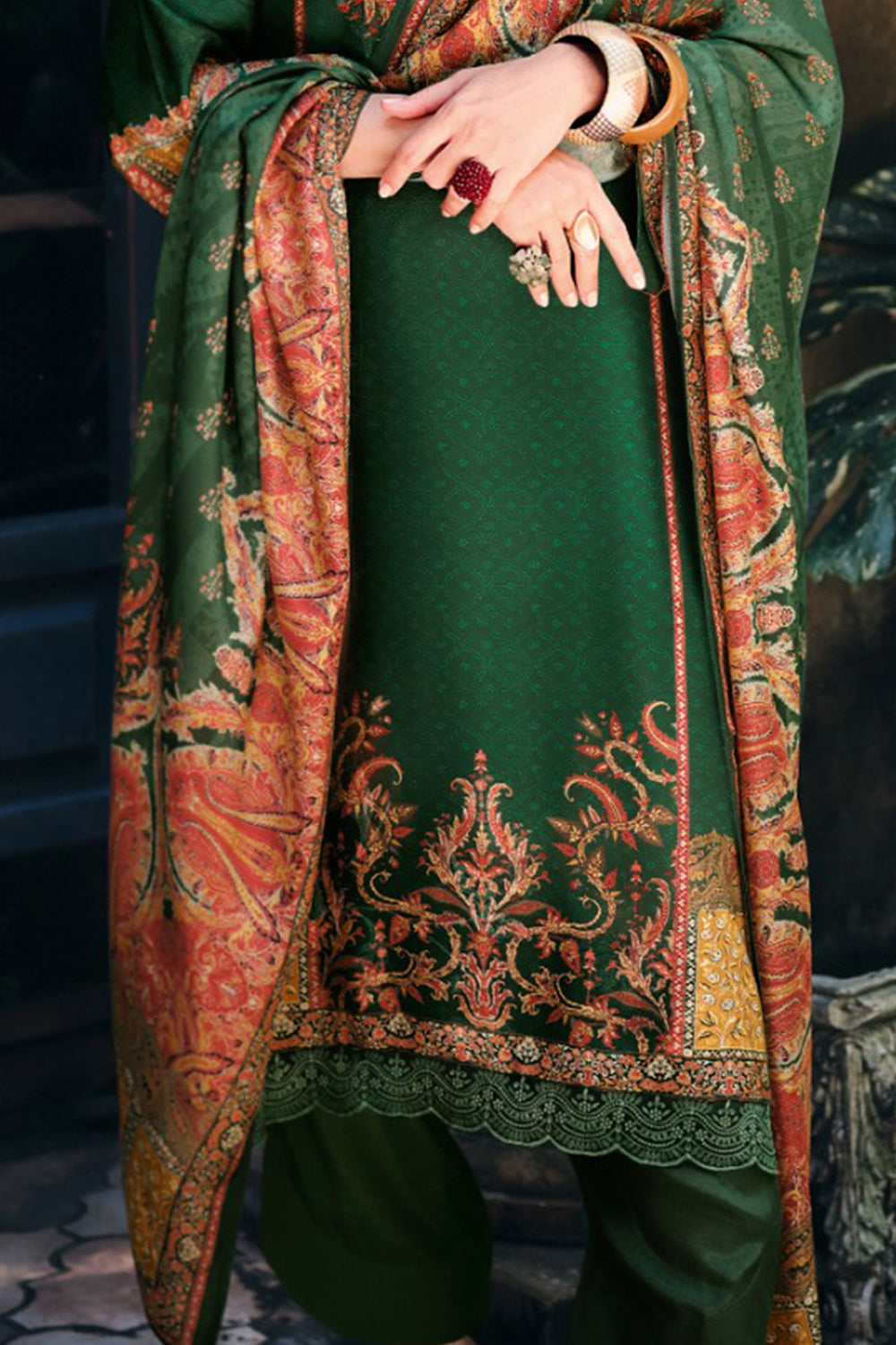 Bottle Green Silk Woven And Printed Unstitched Suit Material
