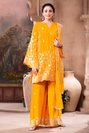 Yellow Pure Silk Floral Embroidered Suits With Embroidered Pallazo
