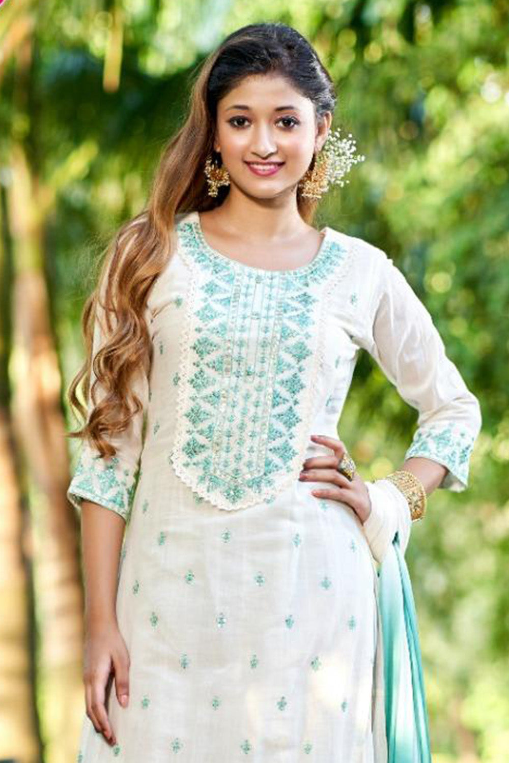 Cream Color Cotton Embroidered  Kurta Set With Attached Skirt