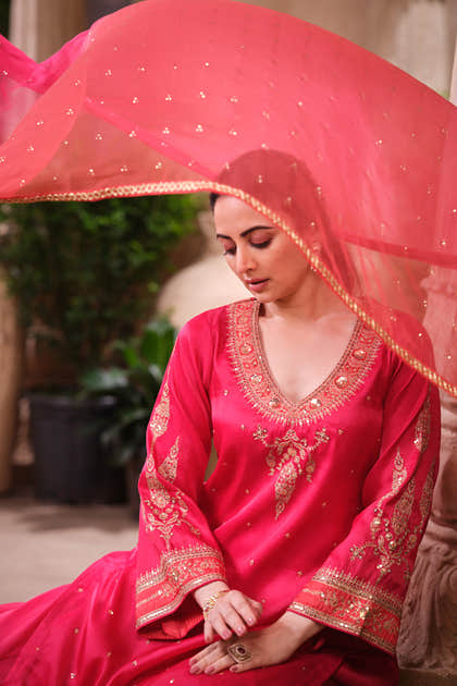 Cherry Red Pure Silk Sequins And Zari Embroiderd Suit Set