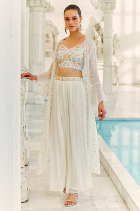Cream Colour Georgette Embroidered Crop-Top Kurta and Palazzo Set With Shrugs