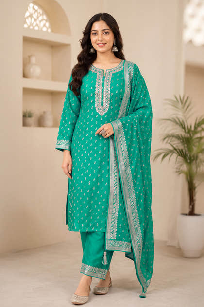 Sea Green Silk Zari Woven And Neck-Embroidered Unstitched Suit Material