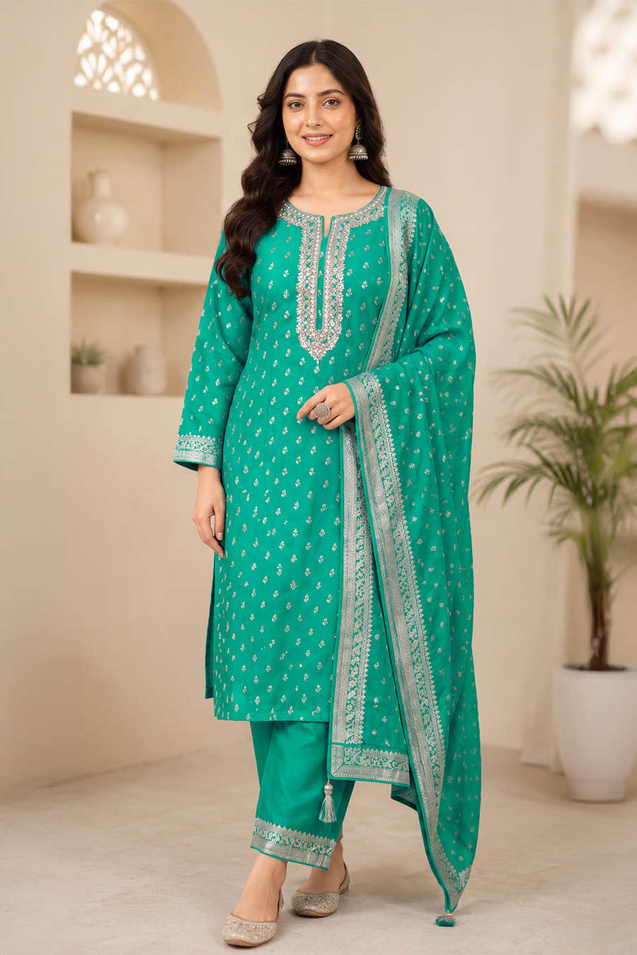 Sea Green Silk Zari Woven And Neck-Embroidered Unstitched Suit Material