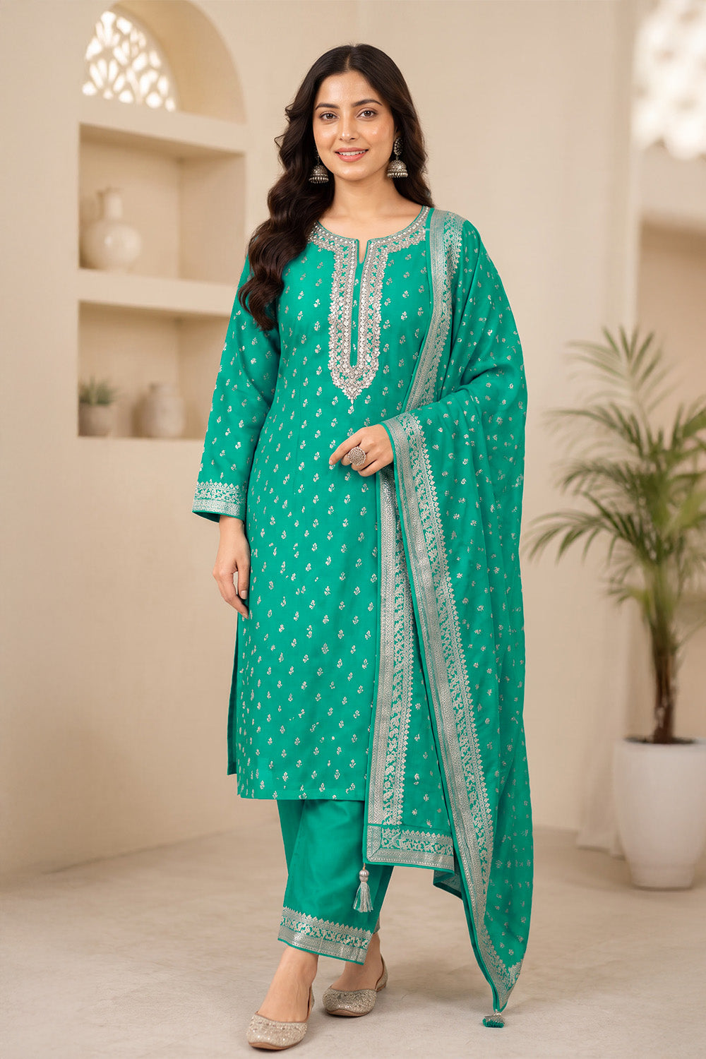 Sea Green Silk Zari Woven And Neck-Embroidered Unstitched Suit Material