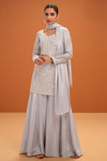 Grey Crepe Silk Cut-Dana and Resham Embroidered Suit with Palazzo