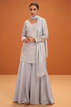 Grey Crepe Silk Cut-Dana and Resham Embroidered Suit with Palazzo