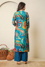 Teal Abstract Printed Muslin Long Kurta