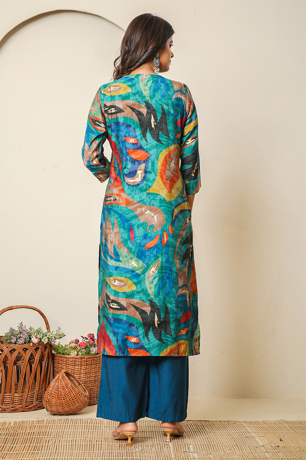 Teal Abstract Printed Muslin Long Kurta