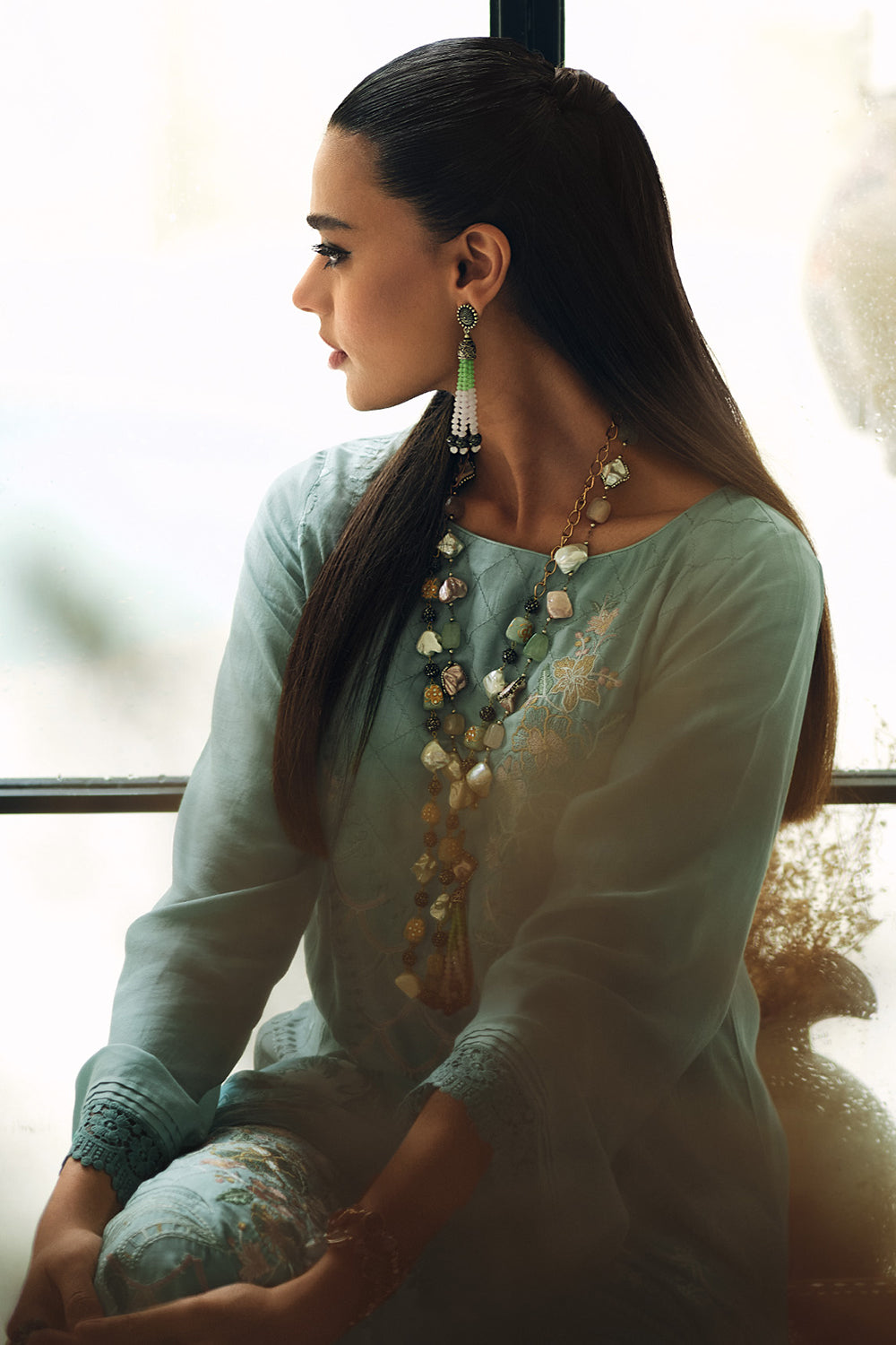 Teal Color Muslin Embroidered Unstitched Suit Material