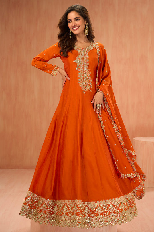 Orange Crepe Silk Zari and Sequins Embroidered Anarkali Suit