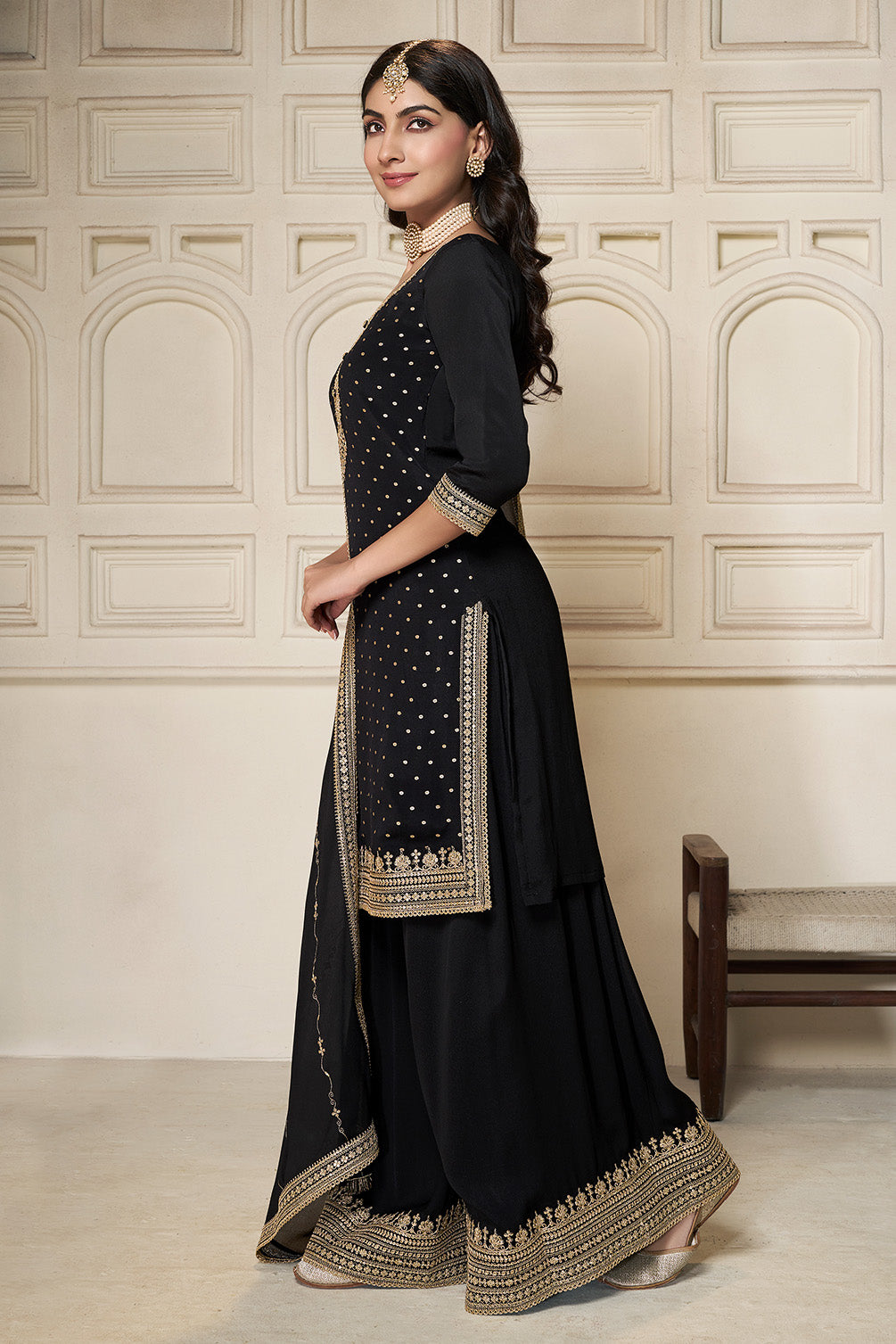 Black Crepe Silk Zari Embroidered Suit With Embroidered Palazzo