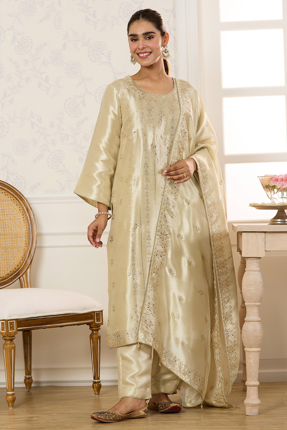 Cream Shisha Silk Work Unstitched Suit Material