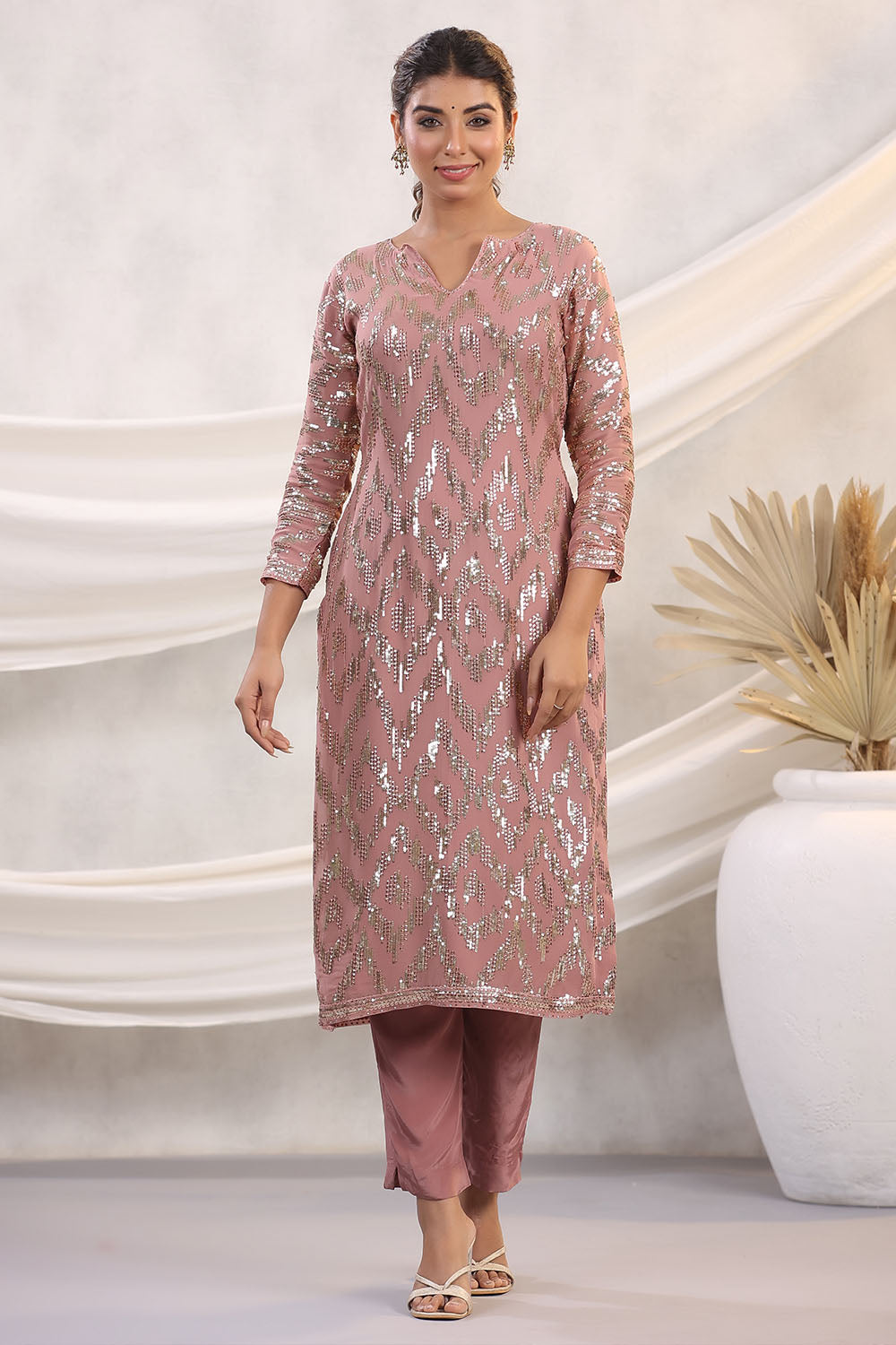Dusty Pink Color Embroidered Georgette Unstitched Suit Material