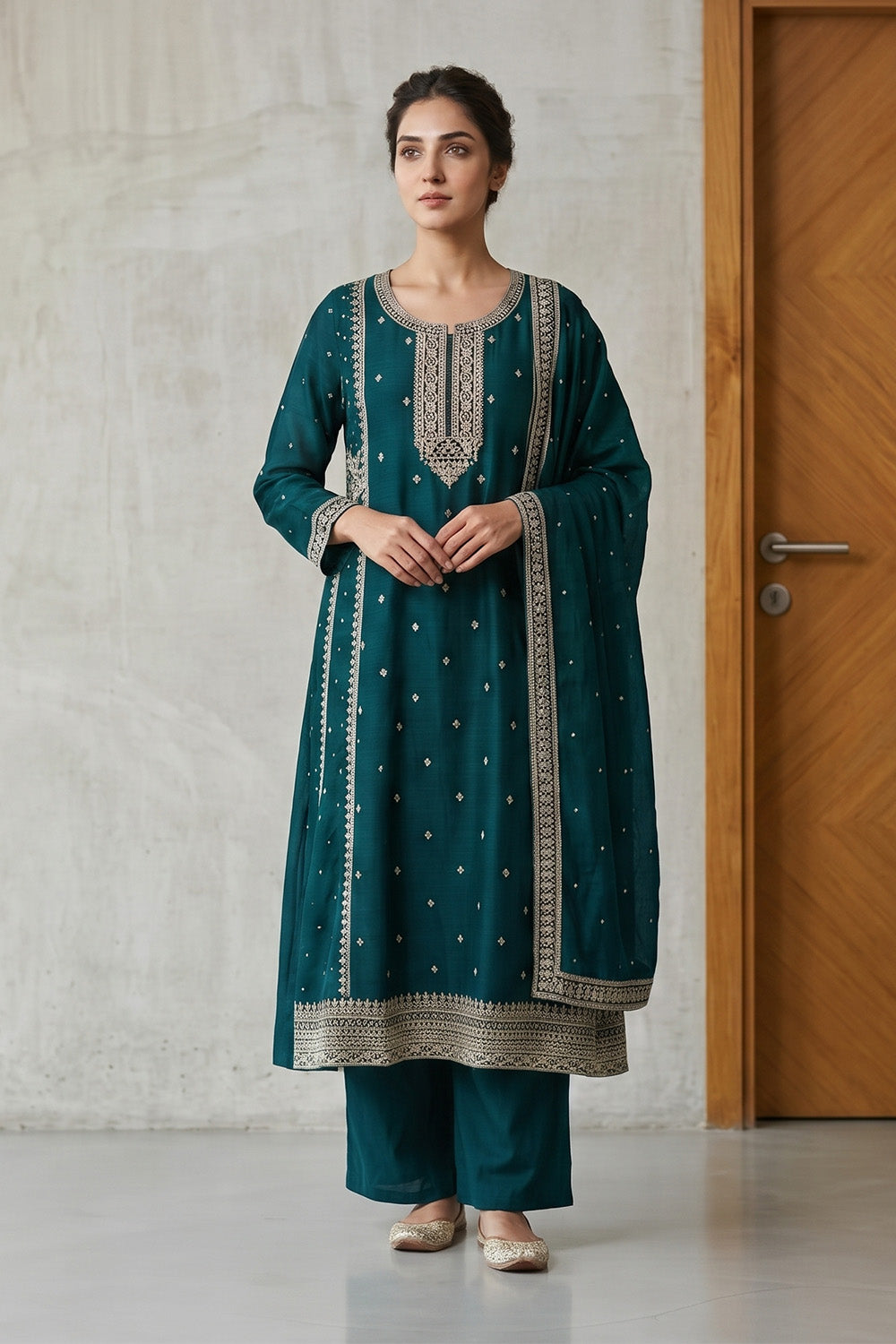 Teal Blue Crepe Silk Zari and Sequins Embroidered Anarkali Suit