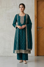 Teal Blue Crepe Silk Zari and Sequins Embroidered Anarkali Suit