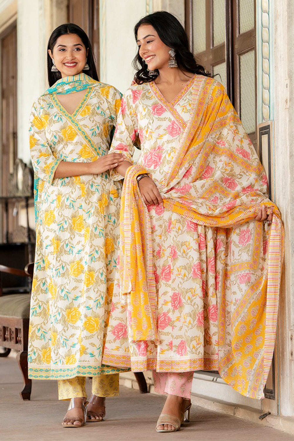 Cream & Mustard Color Floral Printed Cotton Anarkali Suit