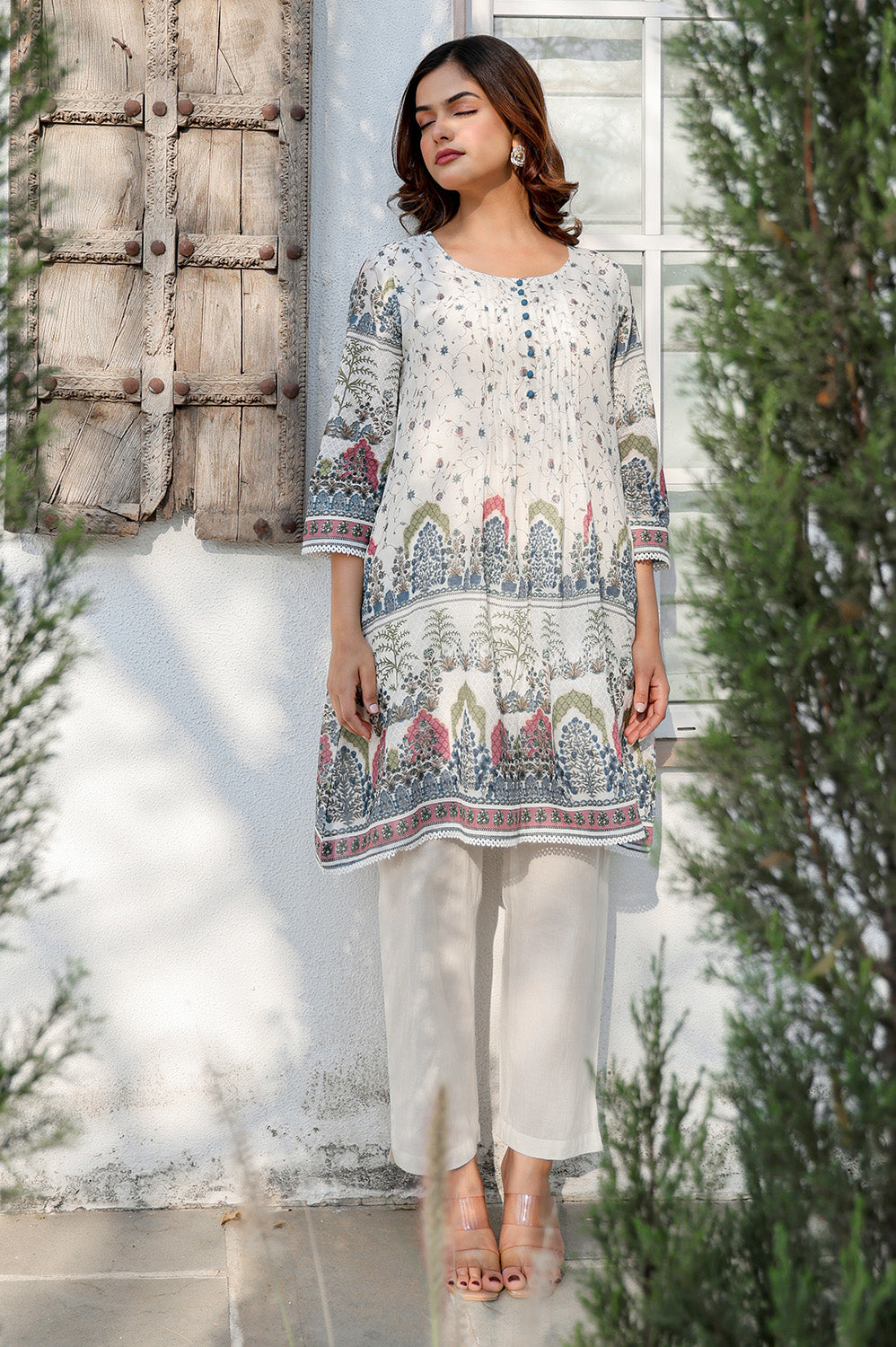 Cream Floral Printed Cotton Kurta Set