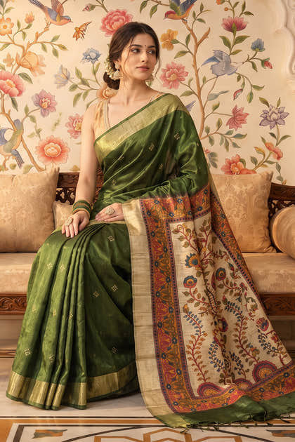 Green Cotton Printed And Woven Border Saree